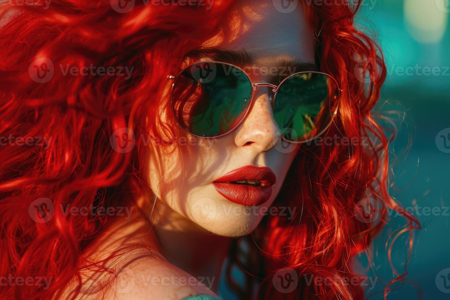 moda retrato do menina com grandes vermelho encaracolado cabelo. foto