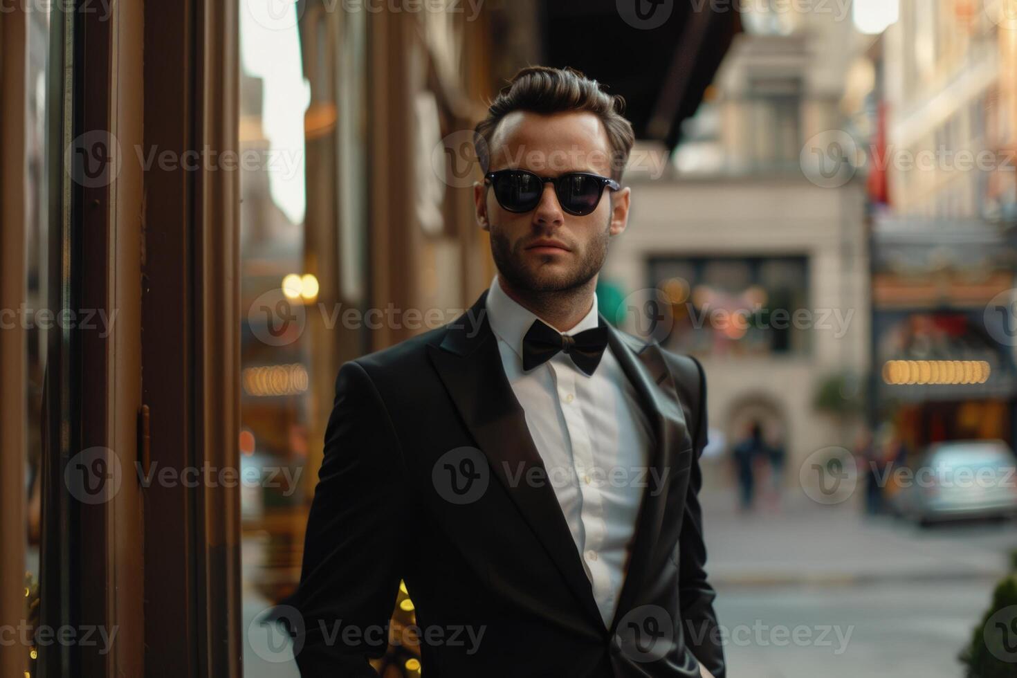 foto do à moda homem dentro elegante Preto terno