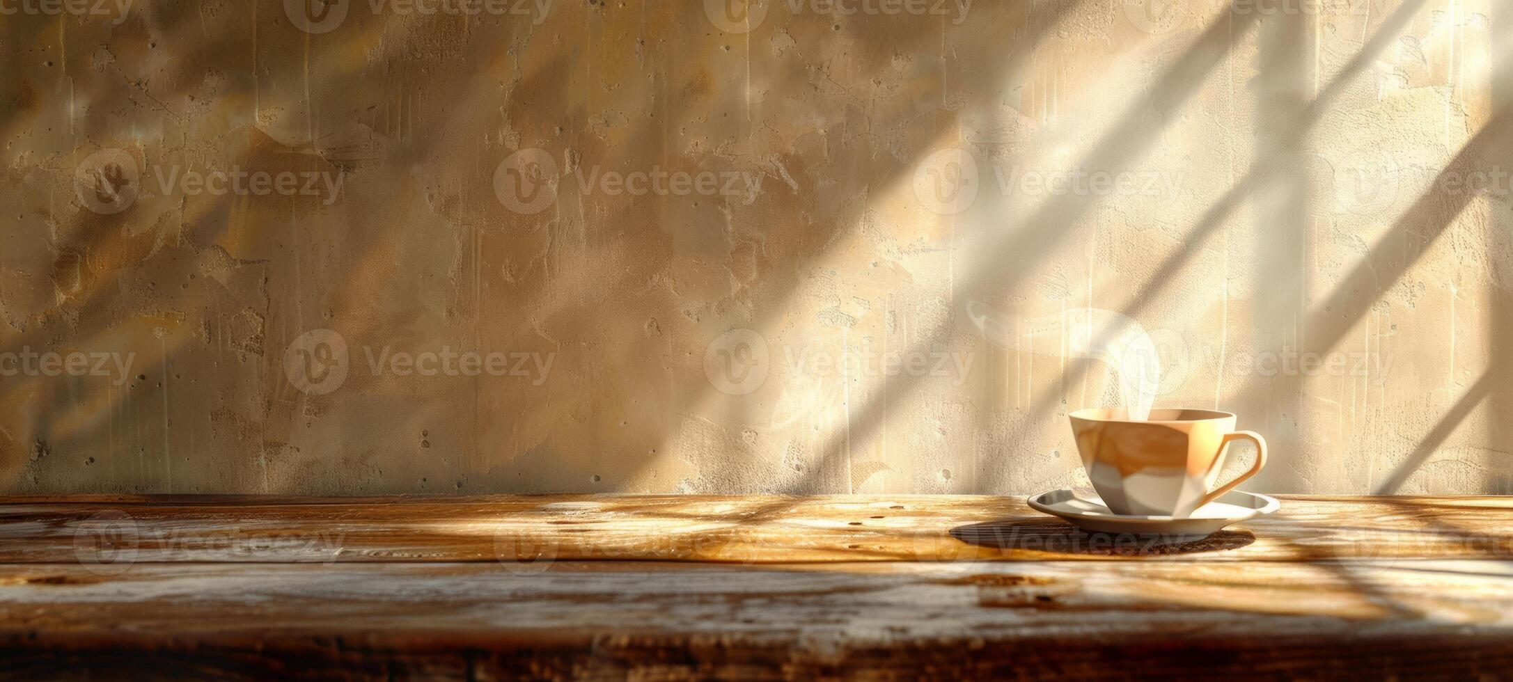 vapor copo do chá em mesa com sombras a partir de janela. acolhedor café da manhã cena com caloroso luz solar. sereno começar do a dia com uma quente bebida. conceito do calma, manhã rotina. cópia de espaço. bandeira. foto