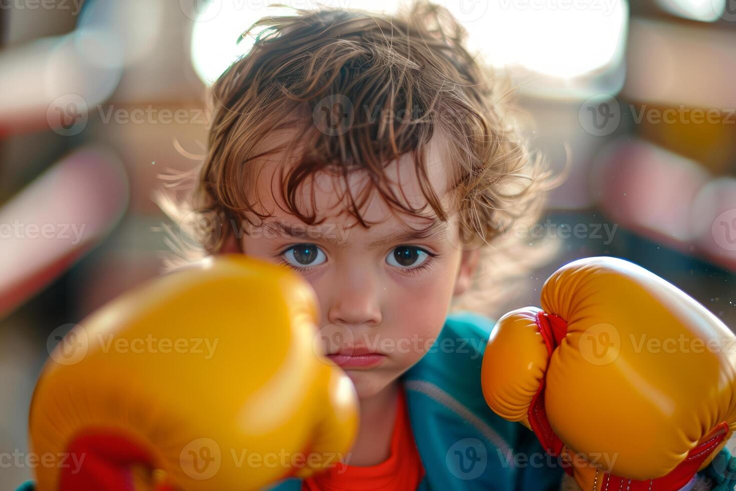 criança boxer dentro uma vibrante Academia espaço. Garoto dentro boxe luvas praticando boxe socos. conceito do fisica Educação, juventude Esportes, infância atividade, ativo estilo de vida, enérgico passatempo. foto