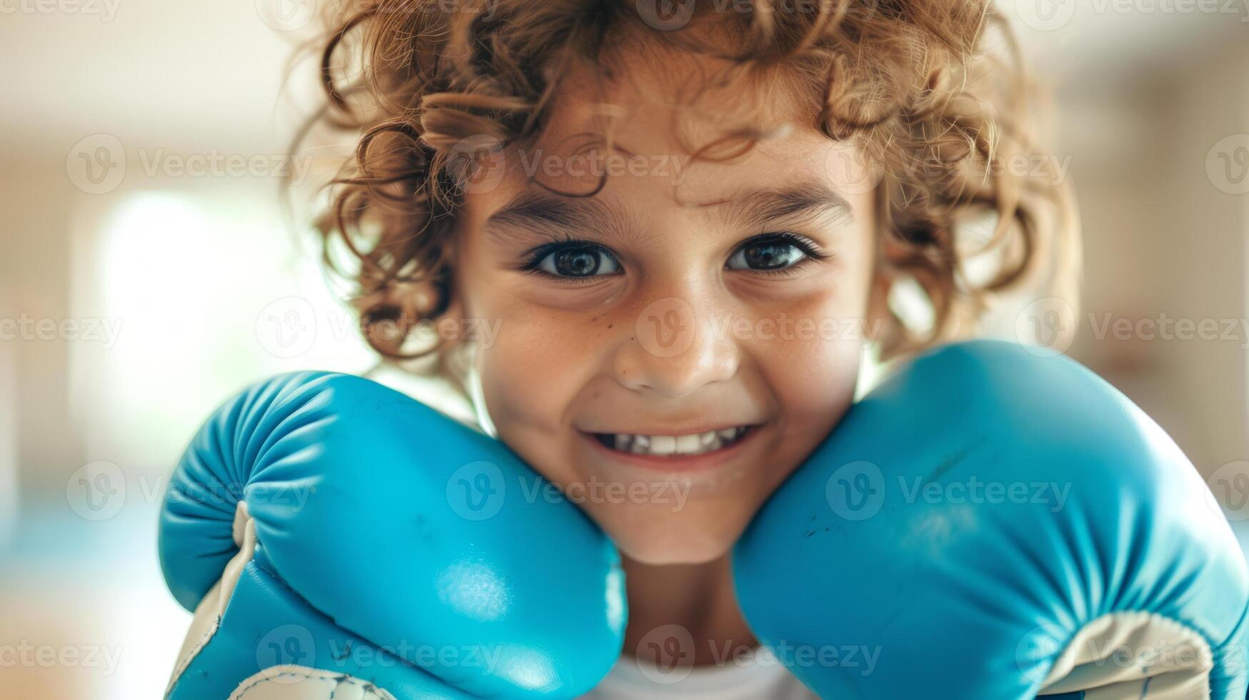 sorridente caucasiano Garoto com azul boxe luvas. alegre jovem boxer dentro Academia vestuário pronto para trem. criança boxer. conceito do saudável estilo de vida, ginástica treinamento, infância atividade, fisica Educação. foto