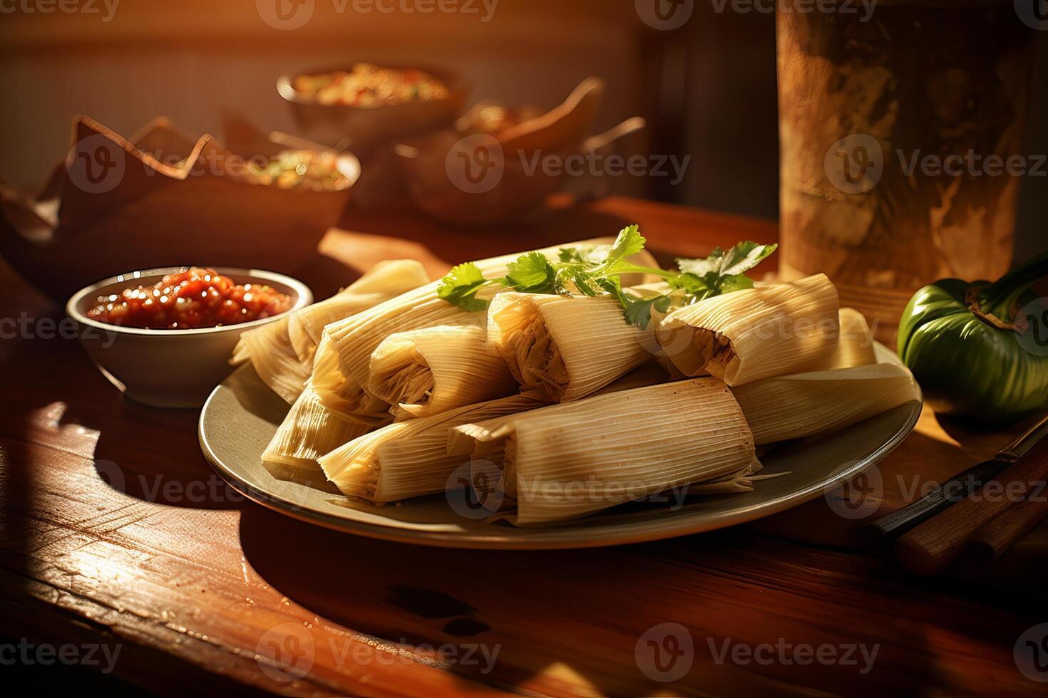 amontoando tigela do caseiro tamales embrulhado dentro milho casca. mexicano tamales pronto para fumegante. conceito do tradicional culinária, mexicano cozinha, e conforto Comida. Sombrio pano de fundo. foto