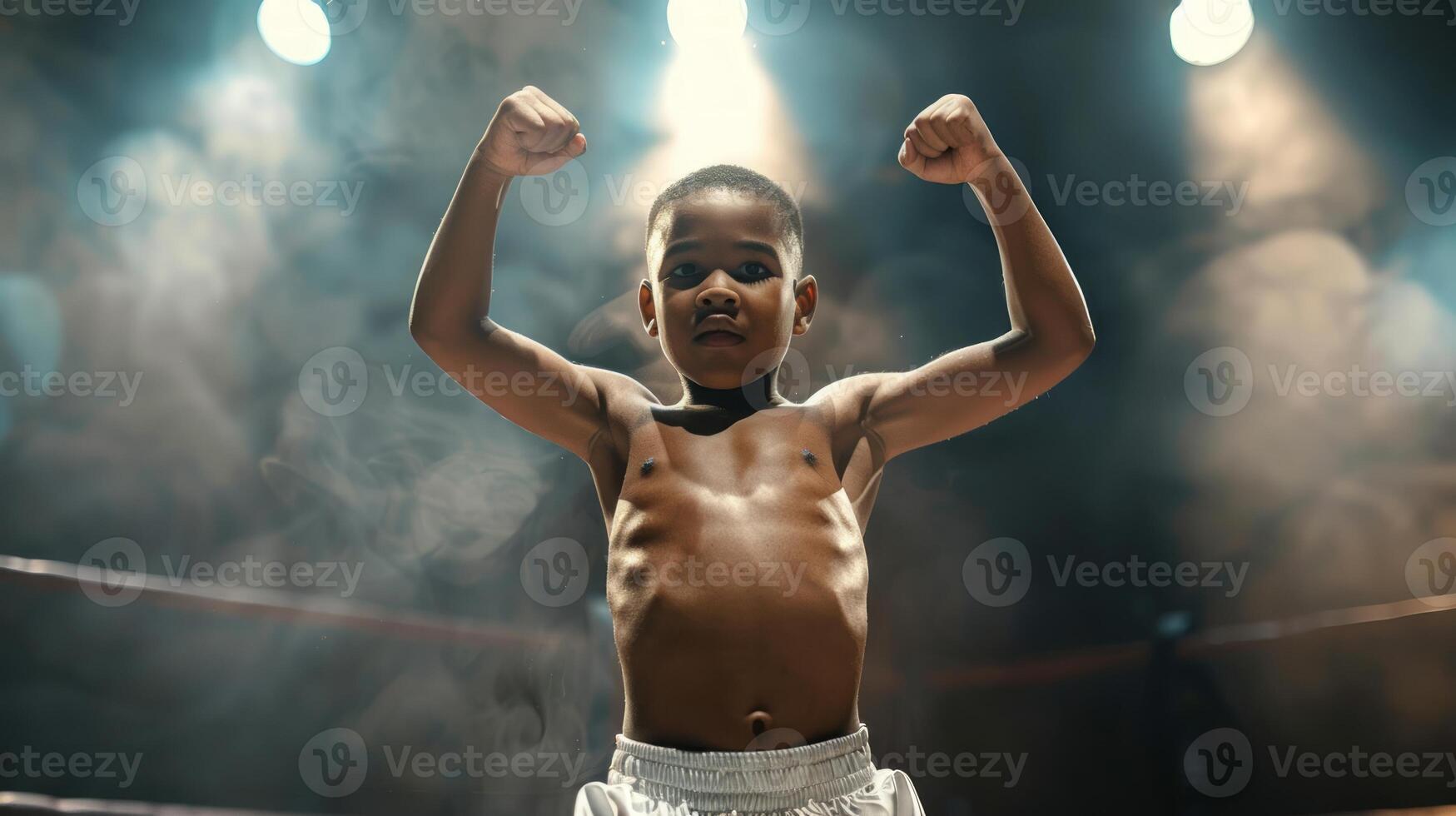 vitorioso Garoto dentro uma boxe anel, braços elevado dentro triunfo. africano americano criança boxer. pequeno campeão com boxe luvas a comemorar. conceito do conquista, juventude Esportes, vitória, celebração. foto