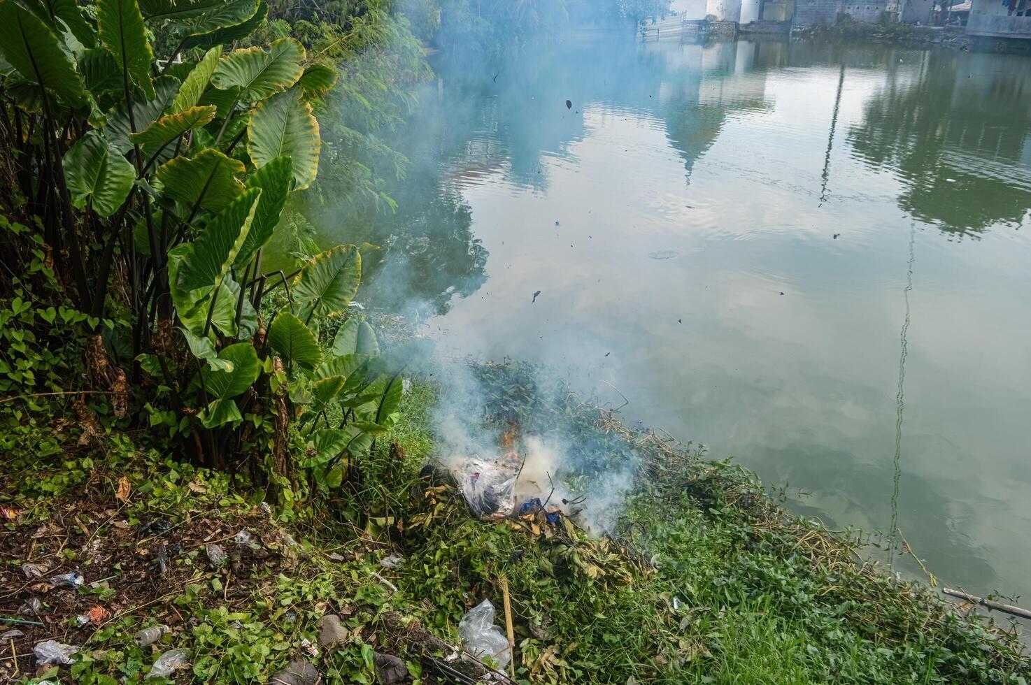 pilhas do lixo queimado em a Beira do a lago pode poluir a meio Ambiente foto