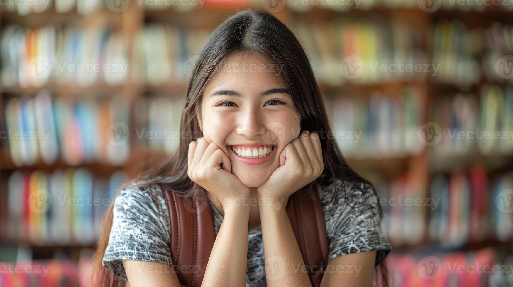 mulher sorridente dentro frente do estante de livros foto