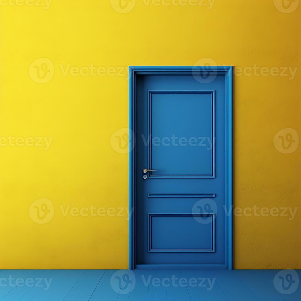 3d Renderização do a esvaziar quarto com amarelo paredes e azul porta foto