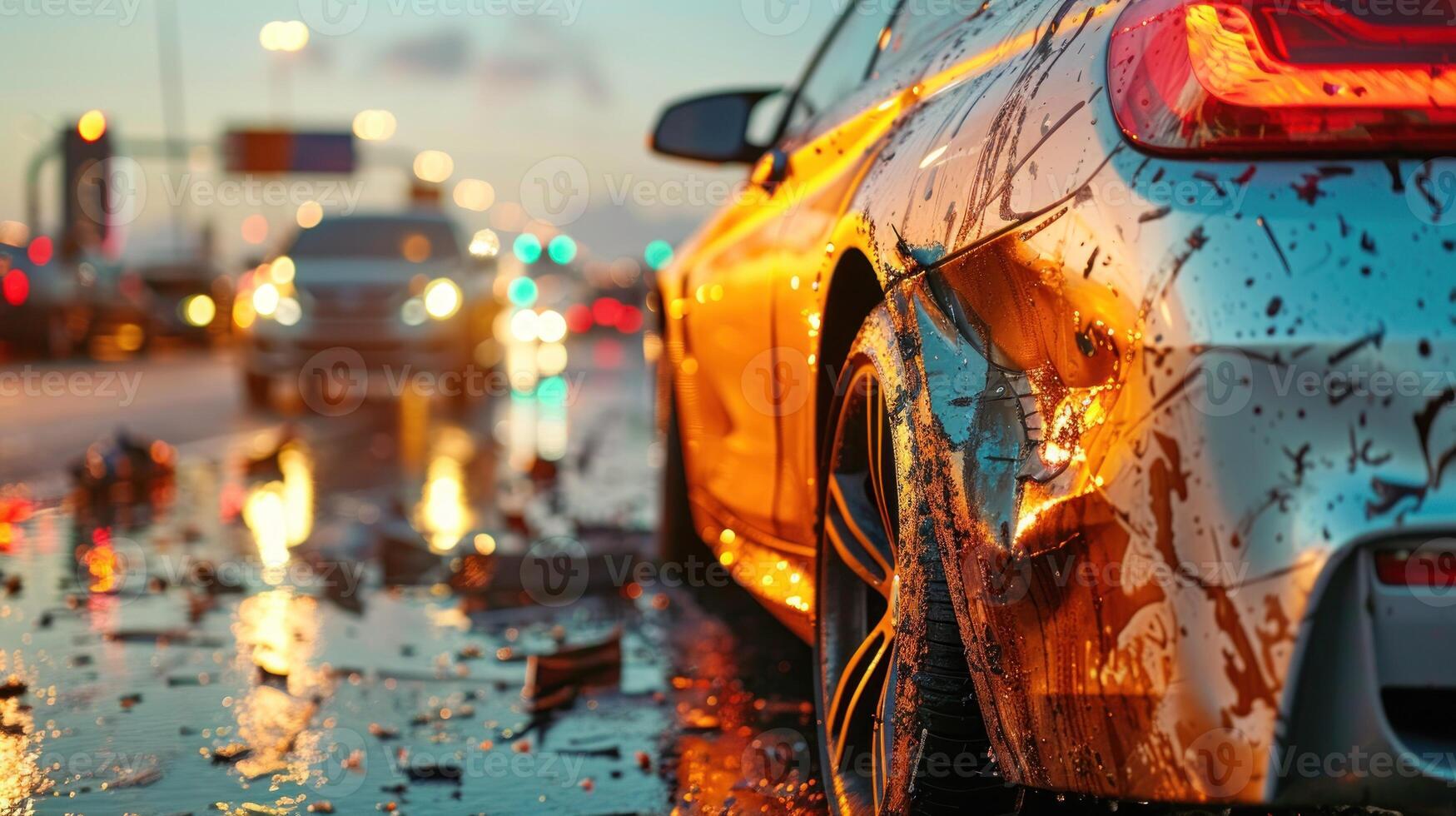 caiu carro com faróis em às crepúsculo foto