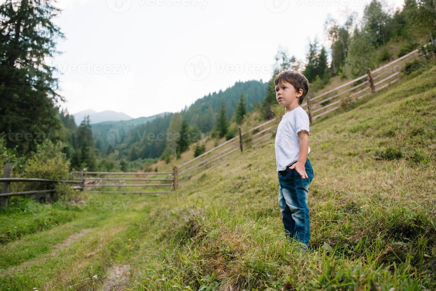 pequeno Garoto caminhando perto do uma montanha Vila foto