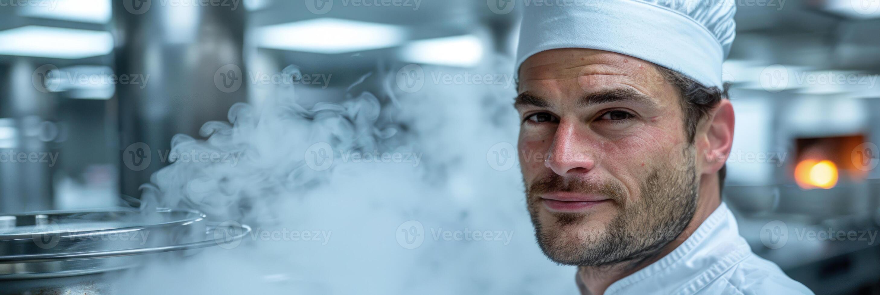 uma homem vestindo uma chefs chapéu carrinhos dentro uma cozinha foto