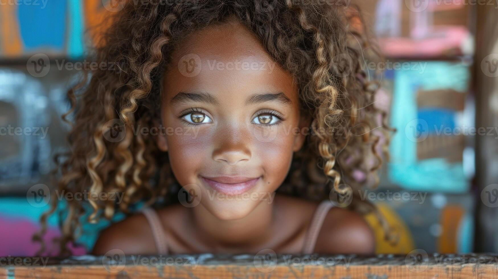 uma fechar-se tiro do uma criança com encaracolado cabelo foto