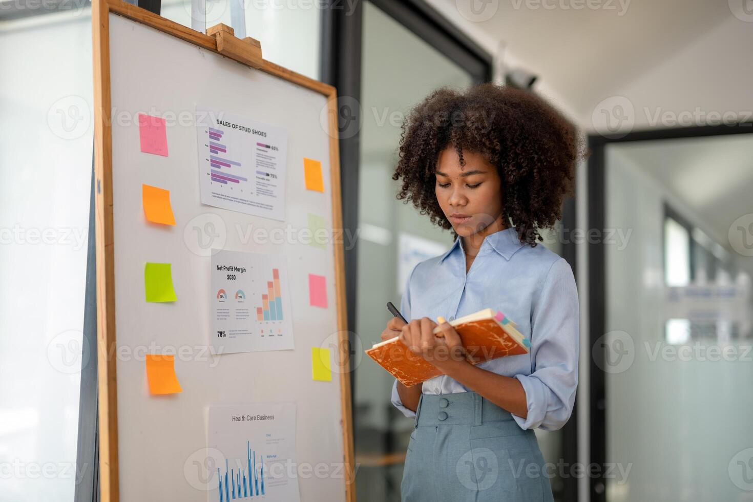 o negócio mulher plano para levar notas, trabalhando Fora uma estratégia, o negócio projeto planejamento, trabalhando em projeto estratégia plano foto