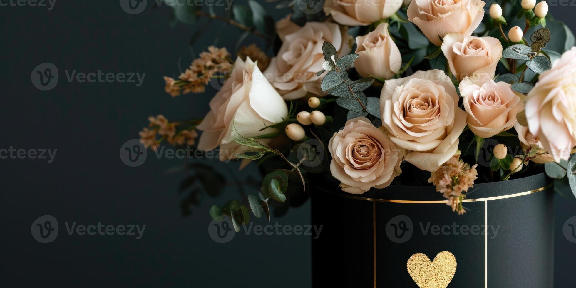 uma ramalhete do branco rosas dentro luxo embalagem com ouro corações em uma Sombrio fundo com cópia de espaço. festivo fundo para aniversário, Casamento ou mulheres dia foto