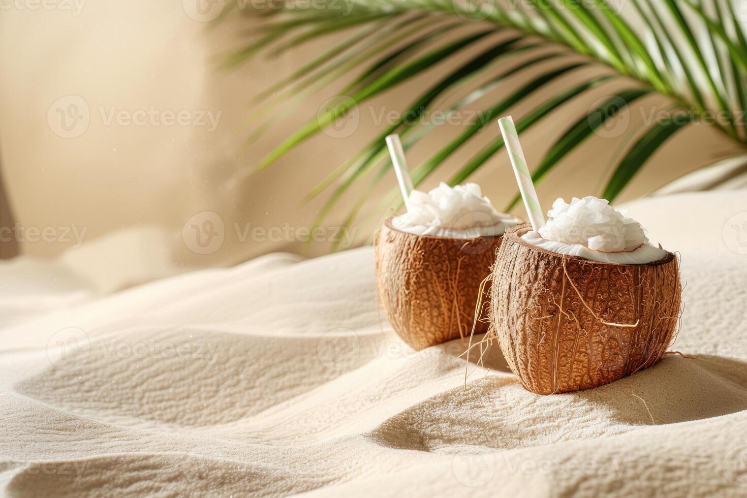 coquetel dentro coco em uma verão fundo com Palma árvore folhas e de praia areia. cópia de espaço foto