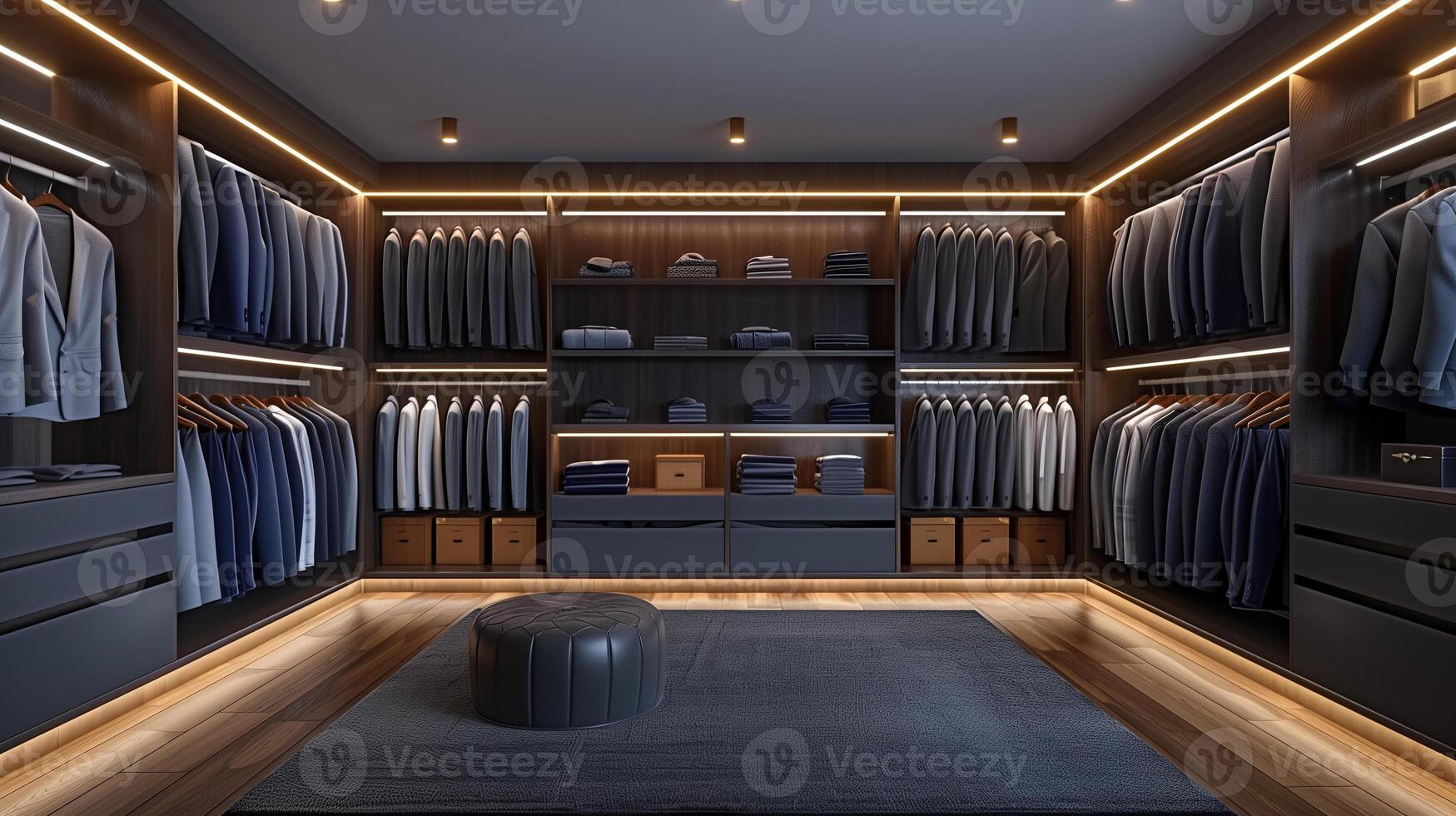 cinzento ampla guarda roupa armário de roupa com camisas e ternos dentro uma minimalista estilo dentro uma moderno interior foto