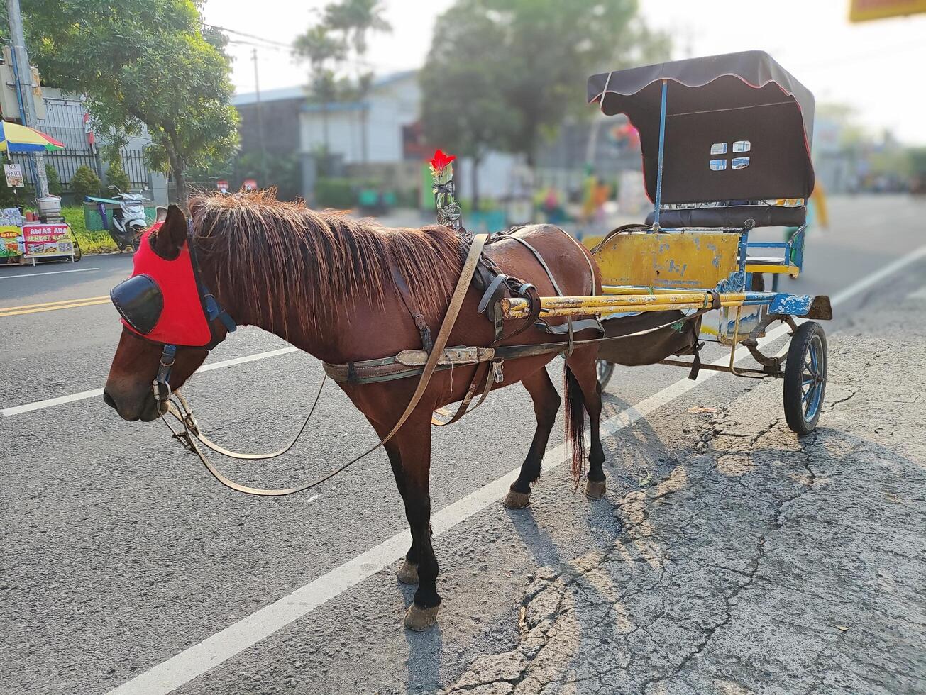 uma vagão tem preparado para levar turistas por aí a cidade às uma carro livre dia evento dentro surakarta, Indonésia foto