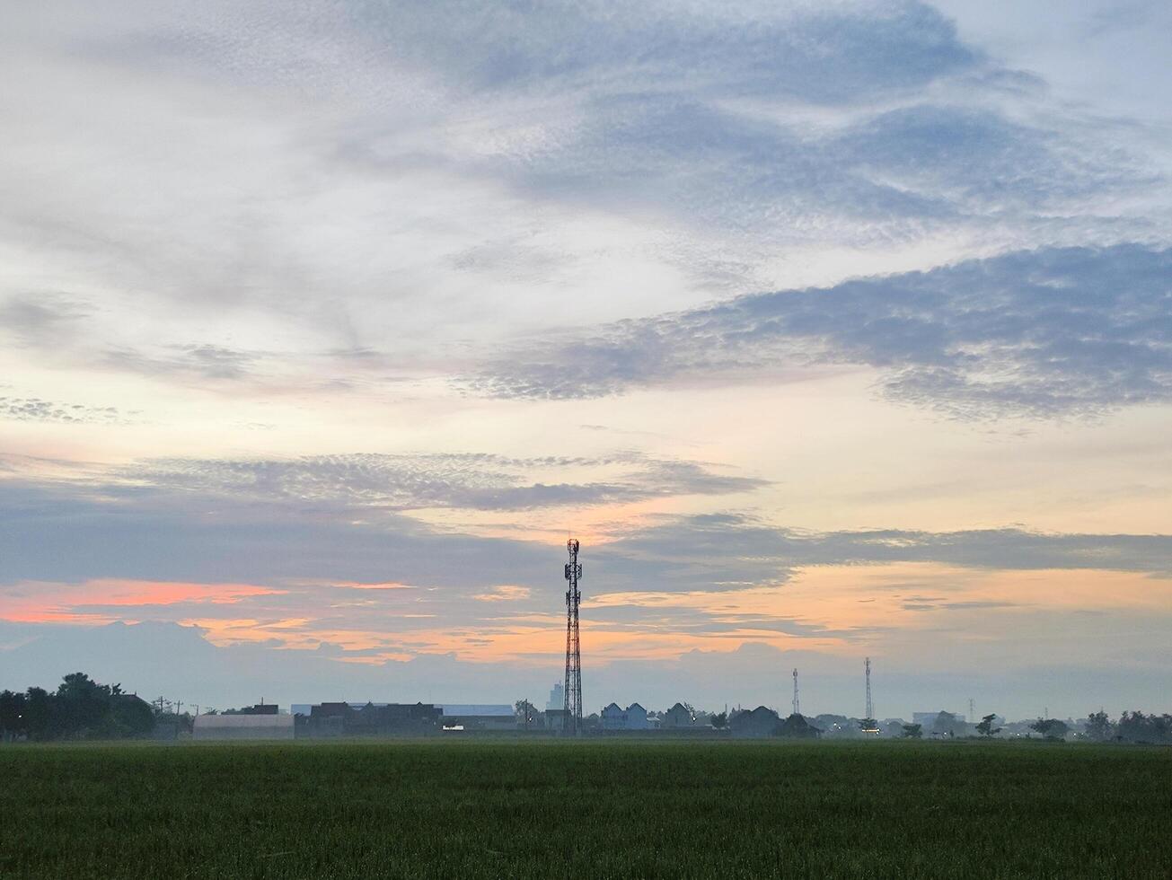 nascer do sol em a arroz campo área foto