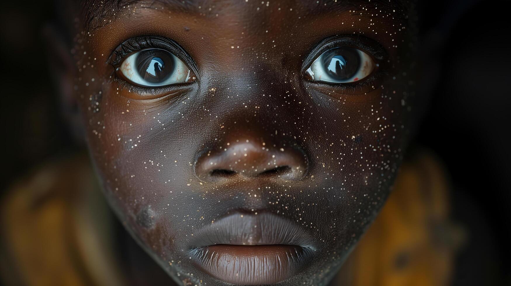 pequeno crianças olhares fixos solenemente às a Câmera, olhos refletindo inocência e vulnerabilidade. . foto