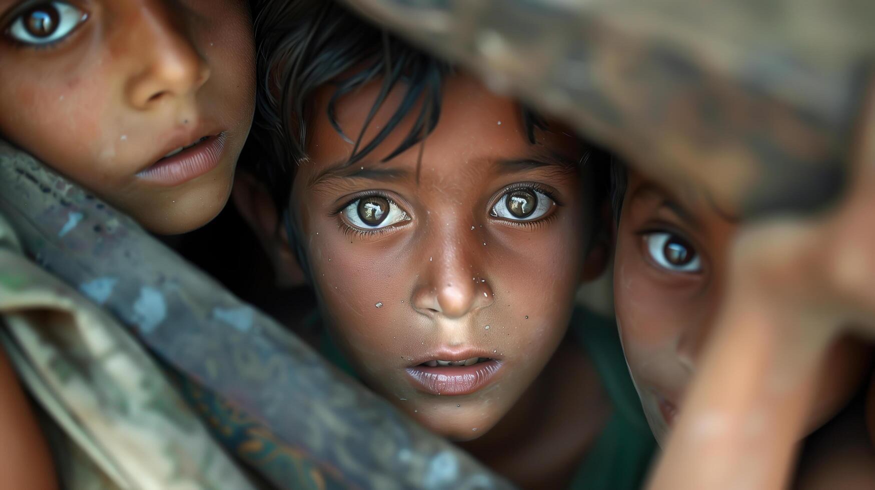 pequeno crianças olhares fixos solenemente às a Câmera, olhos refletindo inocência e vulnerabilidade. . foto