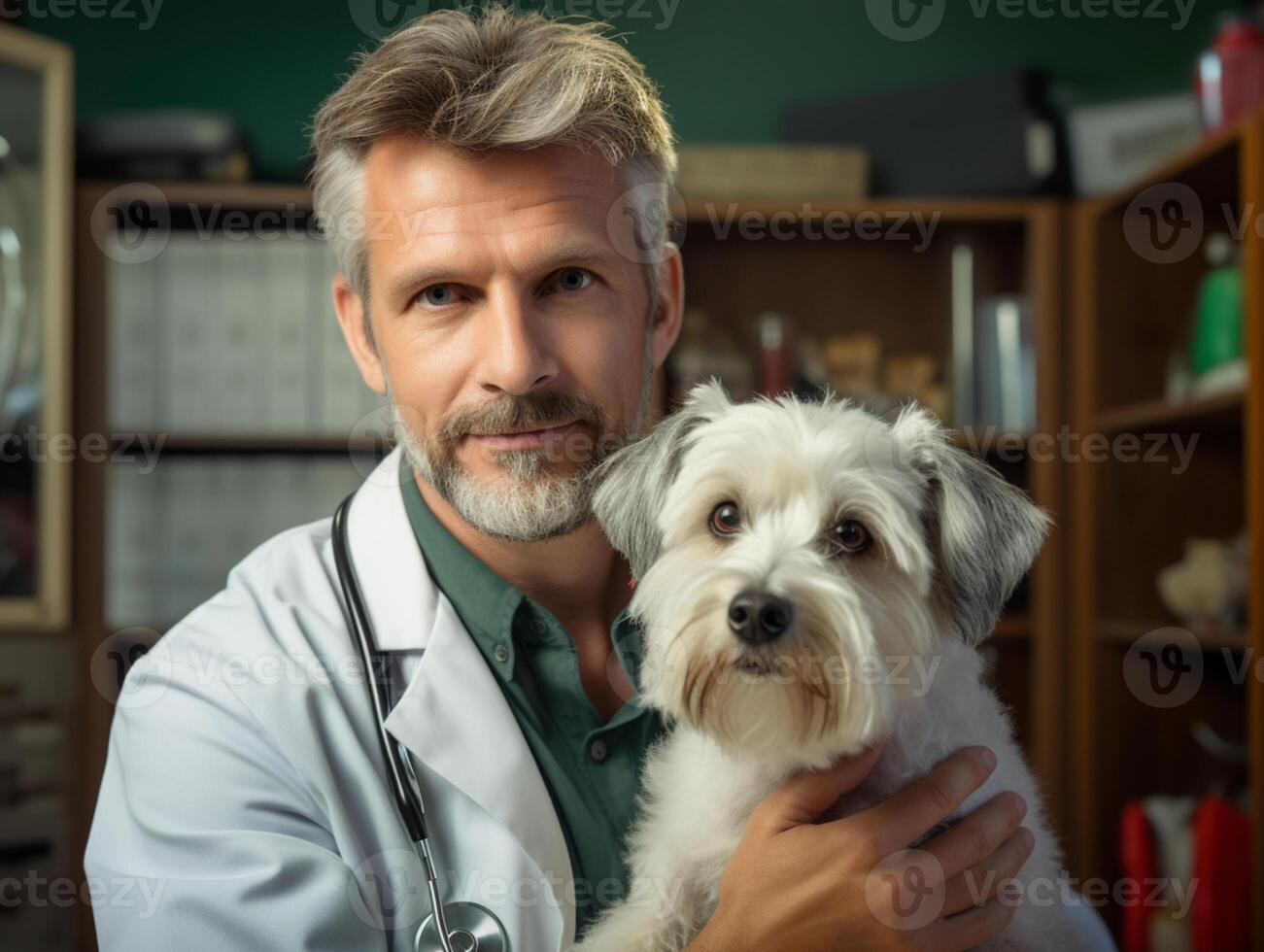 tipo médico veterinário segurando uma yorkshire terrier cachorro dentro dele braços. compromisso às a veterinário clínica. realista foto