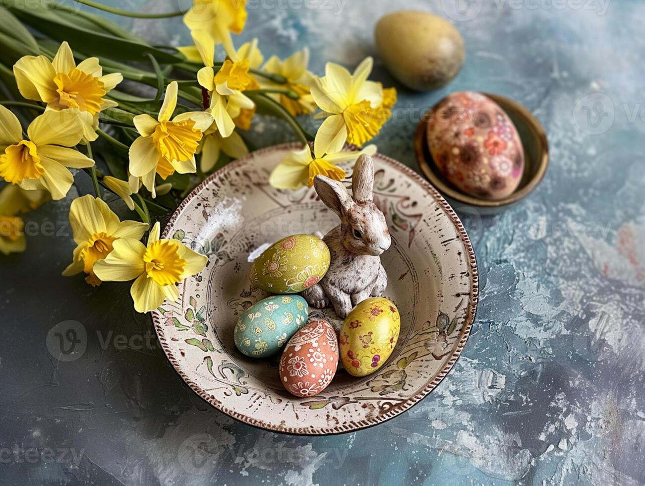 uma tigela do Páscoa ovos e Coelho com amarelo flores dentro a fundo. lindo decoração, estético foto