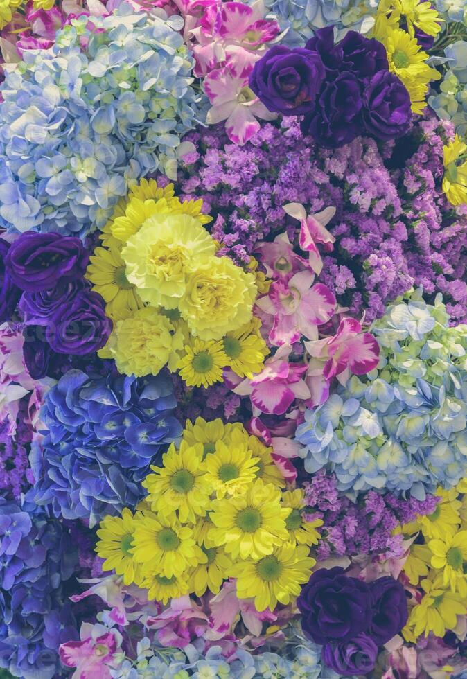 lindo fresco diferente tipos do colorida flores decorado jardim muro. suave filtrado efeito. foto