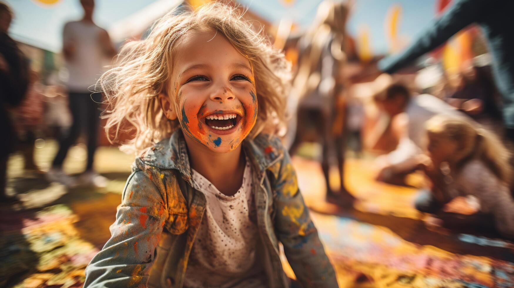 pequeno artistas às uma festival, colorida arredores, sincero, Largo ângulo foto