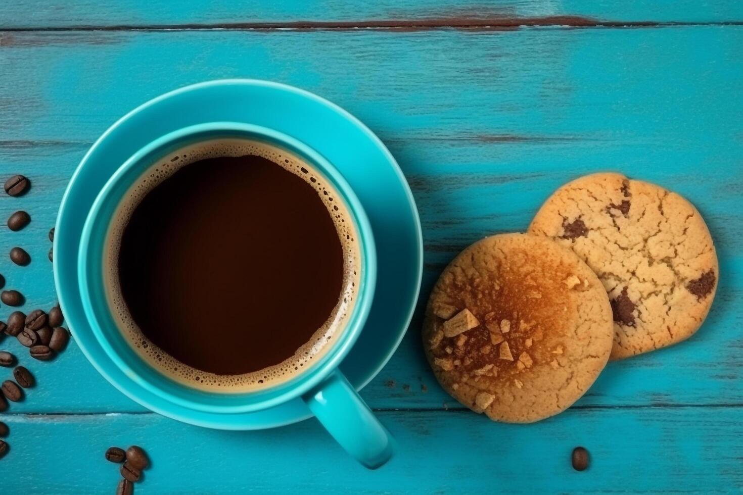 café copo e bolacha chocolate em azul de madeira fundo.. foto