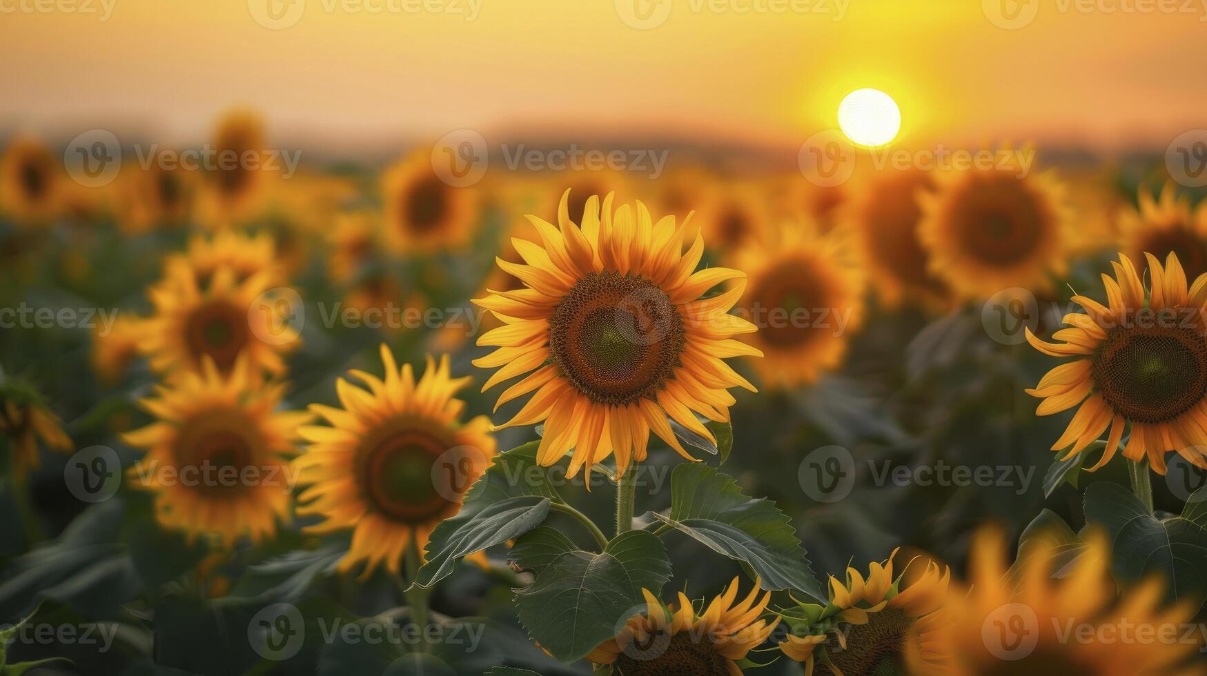 girassóis campo em uma pôr do sol fundo foto