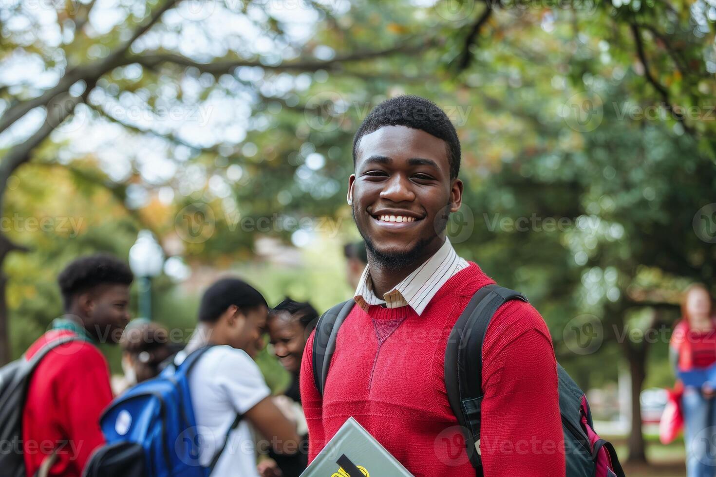 africano americano aluna segurando livros e sorridente às a Câmera foto