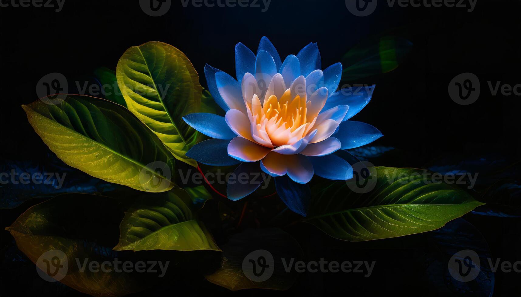 vibrante azul flor com folhas dentro baixo luz foto