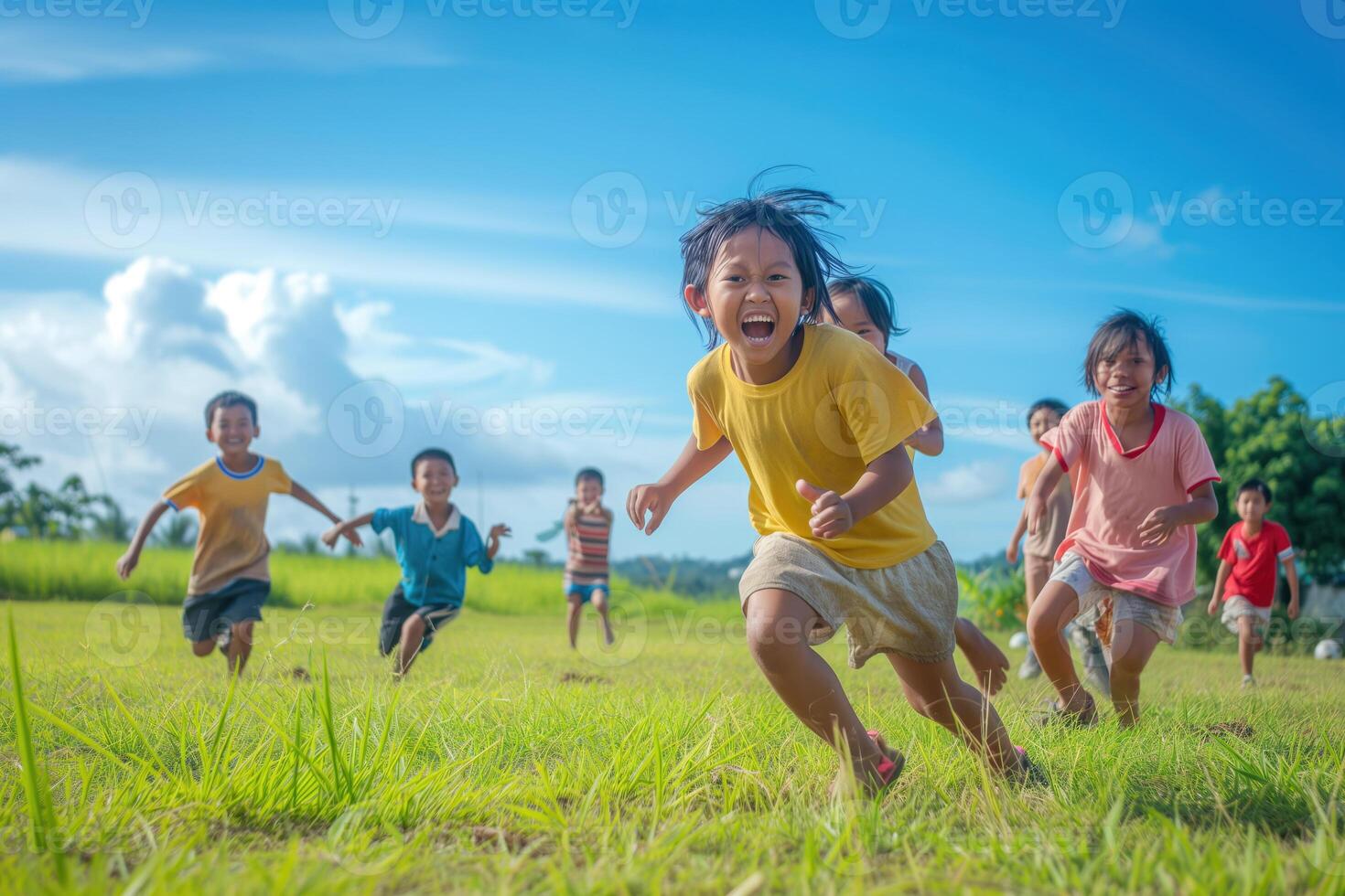 uma grupo do ásia crianças jogando futebol foto