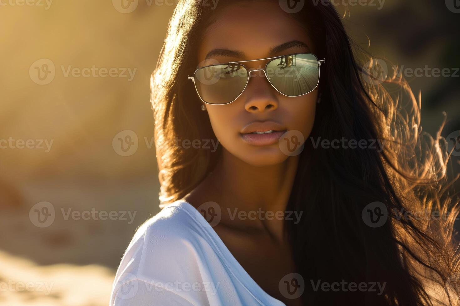 uma fotorrealista retrato do uma 25 anos africano americano mulher dentro oculos de sol foto