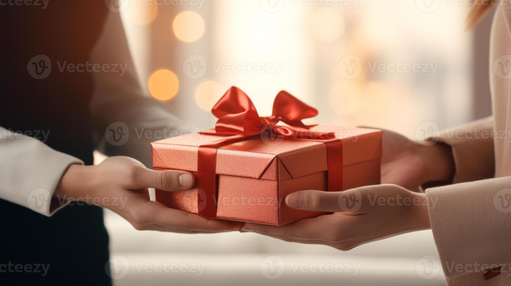 mãos segurando presente caixa com vermelho fita em bokeh fundo foto