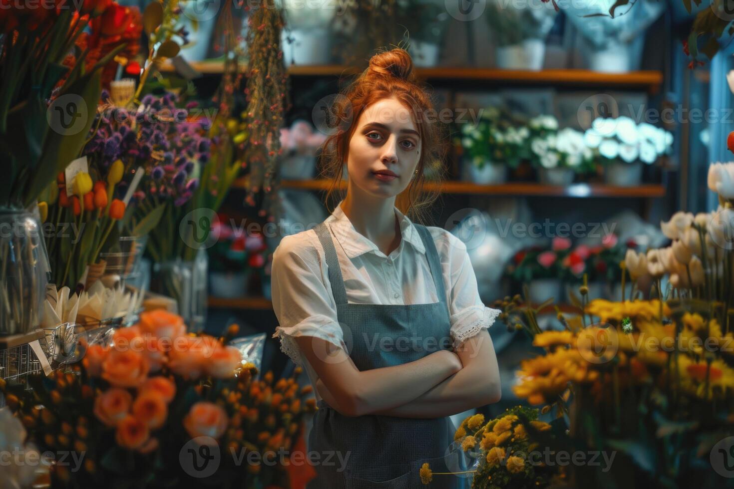 a fêmea escriturário dentro a flor fazer compras foto