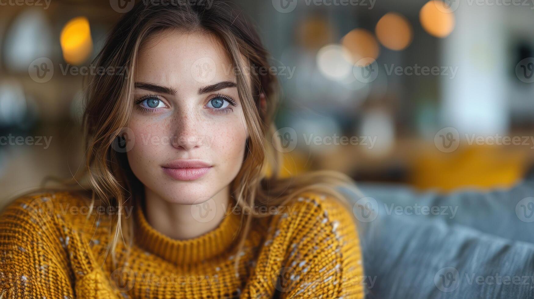 uma mulher sentado em uma sofá, vestindo uma brilhante amarelo suéter foto