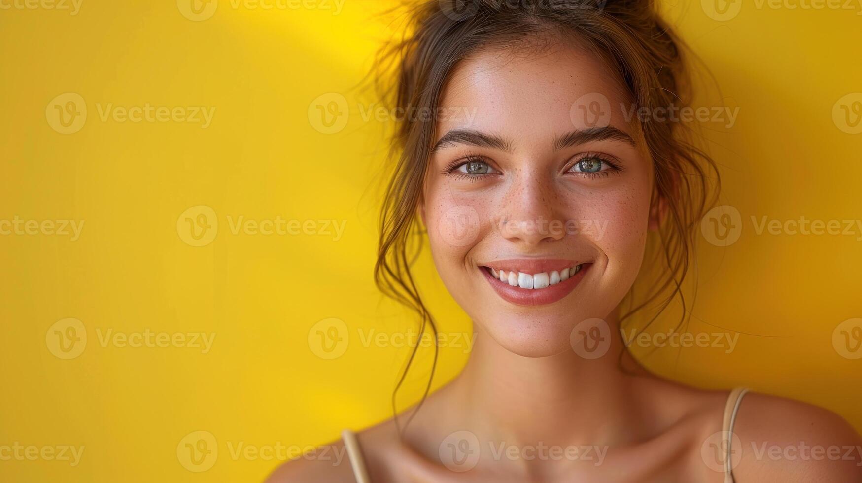 uma mulher com impressionante azul olhos sorrisos às a Câmera foto