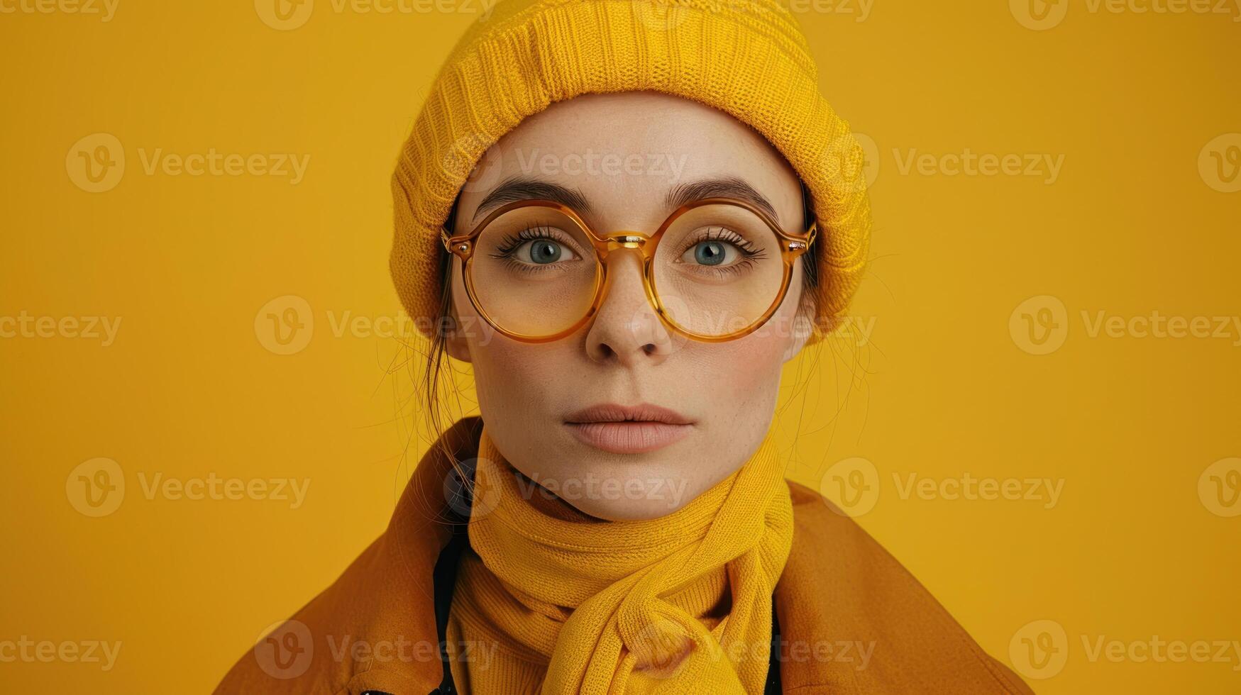 uma mulher com óculos vestindo uma amarelo chapéu foto