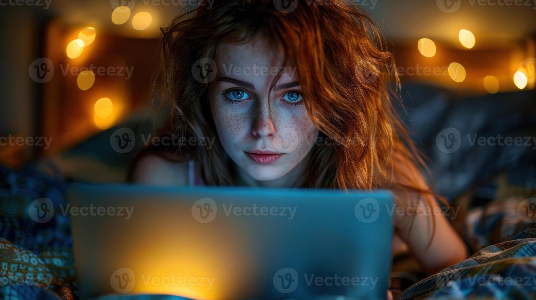 uma mulher é reclinado em uma cama, olhando atentamente às uma computador portátil tela foto