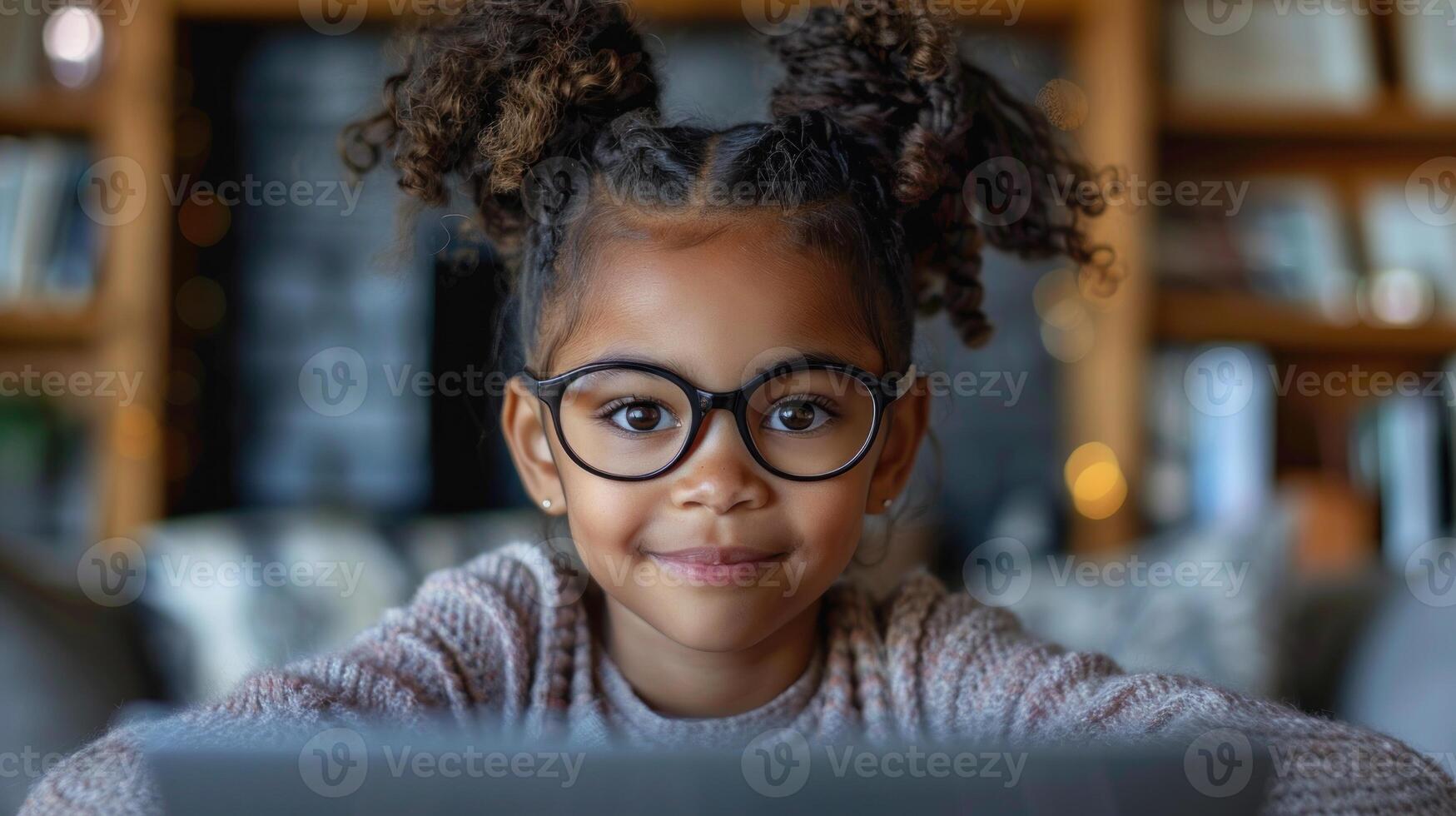 uma jovem menina com óculos olhares fixos às uma computador portátil tela atentamente foto