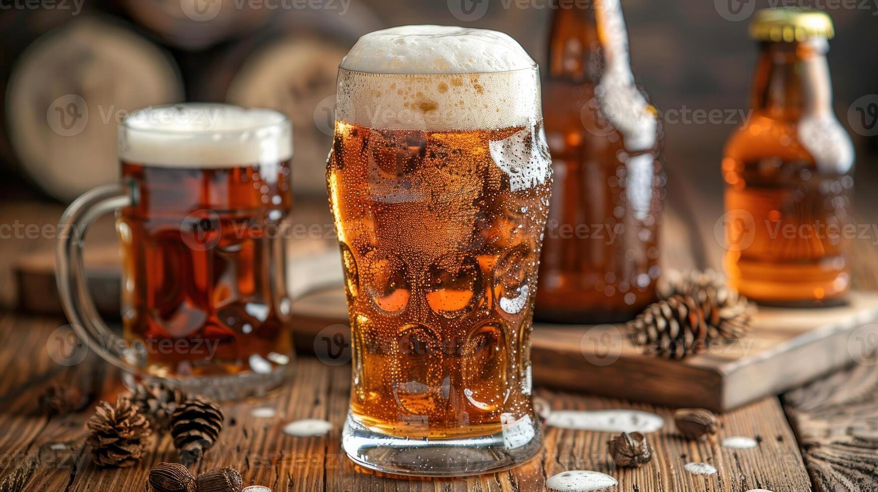 uma vidro do Cerveja colocada Próximo para dois garrafas do Cerveja em uma mesa foto