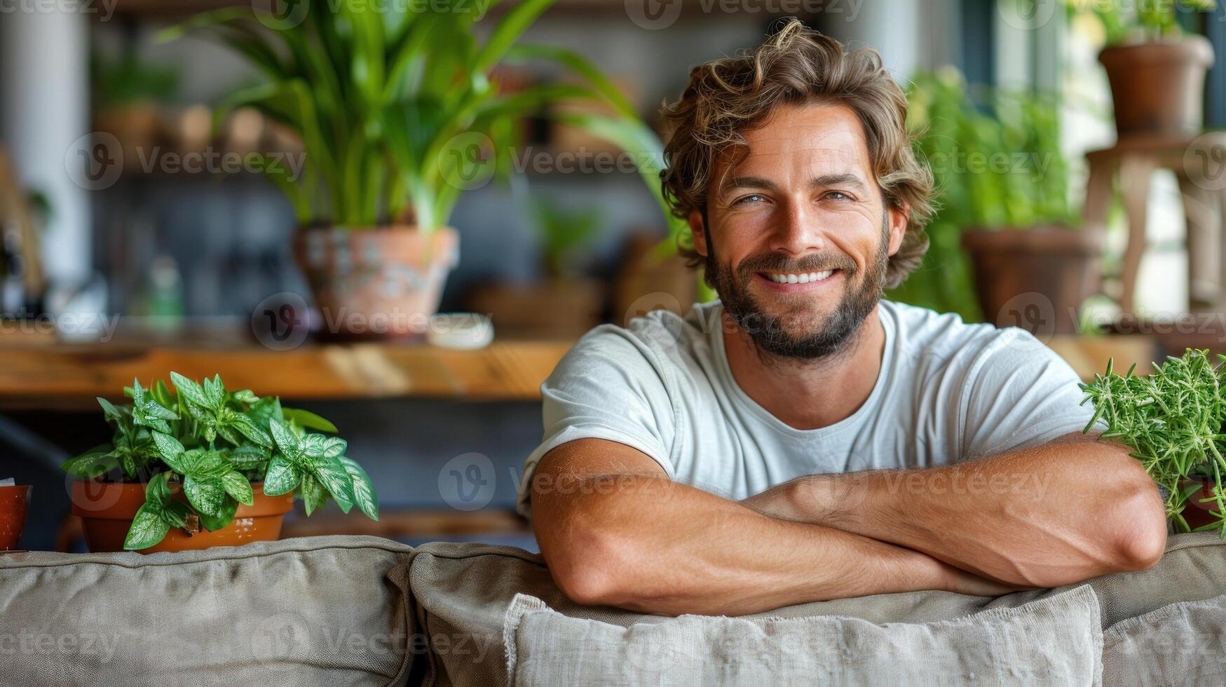 uma homem é sentado em a encosto do uma sofá, Próximo para de várias em vaso plantas foto