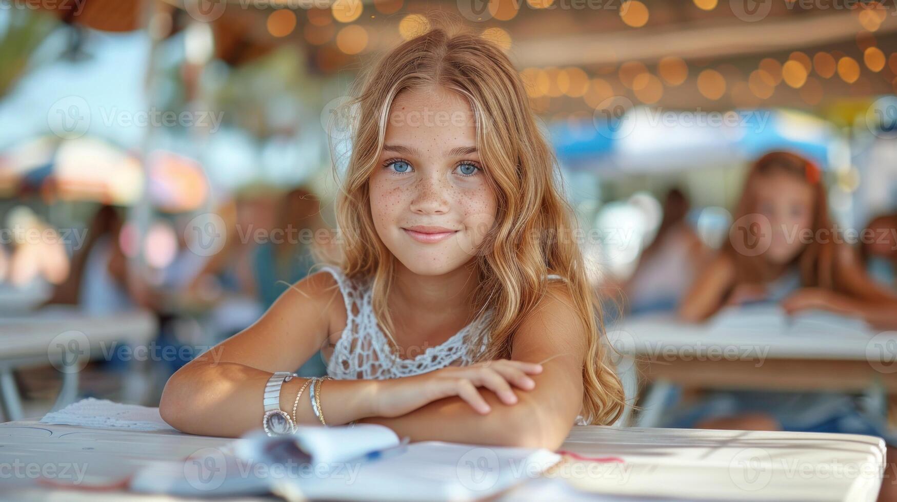 uma jovem menina é sentado às uma mesa dentro uma movimentado restaurante foto