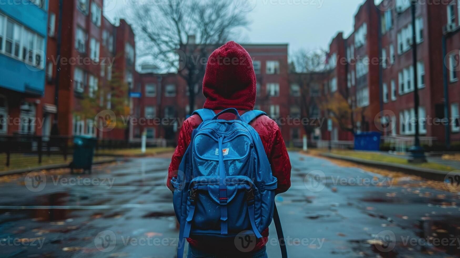 aluna dentro vermelho moletom com capuz voltado para escola foto