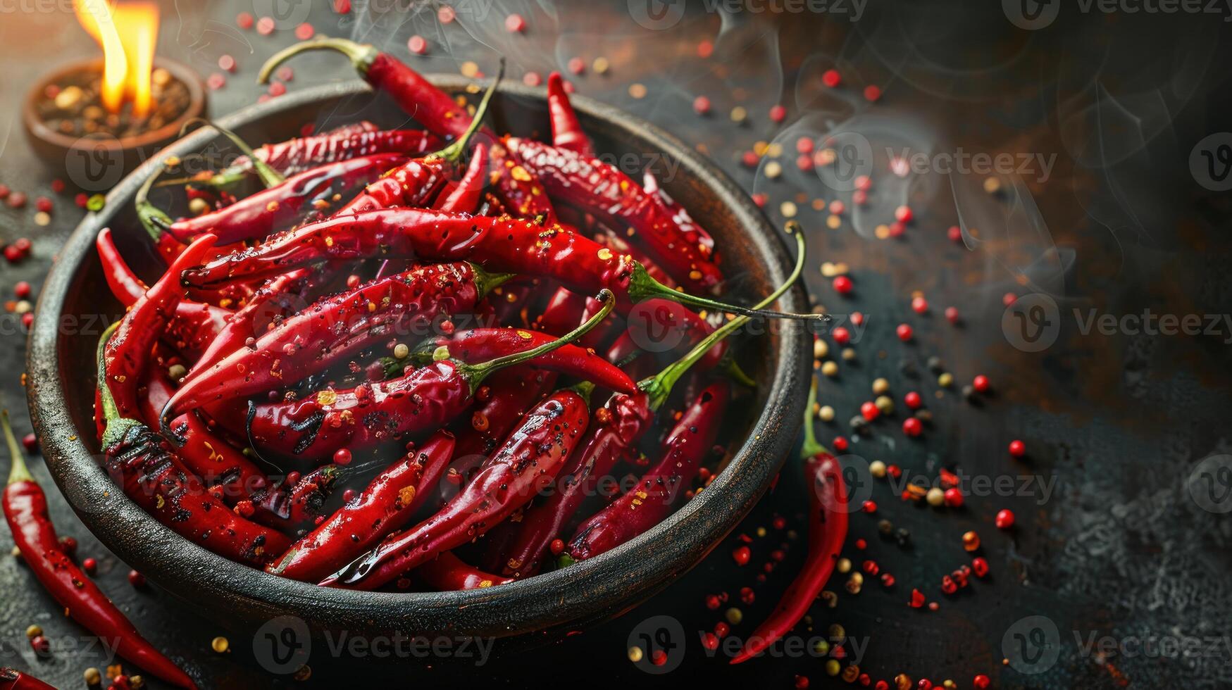 uma tigela preenchidas com vermelho pimentas senta ao lado uma queimando vela foto