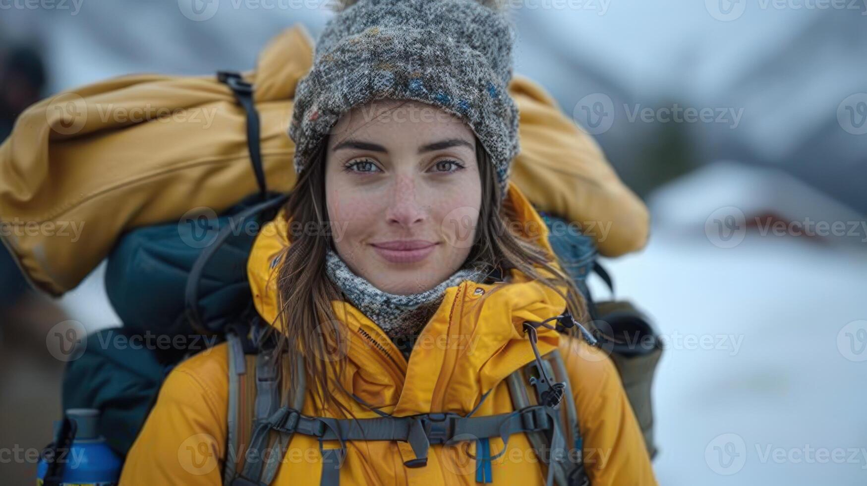 uma mulher vestindo uma amarelo Jaqueta e carregando uma mochila foto