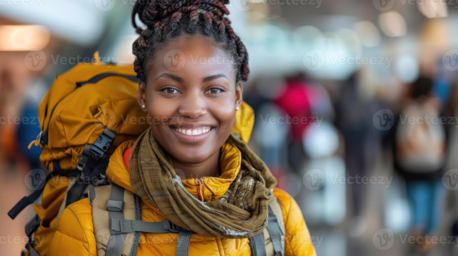 uma mulher vestindo uma mochila sorrisos alegremente foto