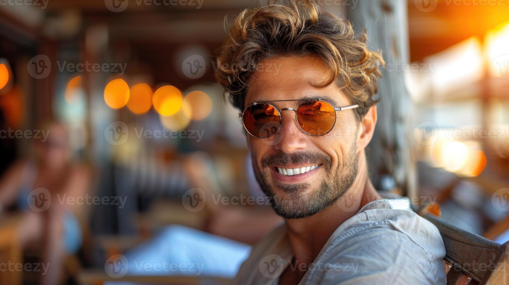 uma homem com uma barba e oculos de sol sorrisos calorosamente foto