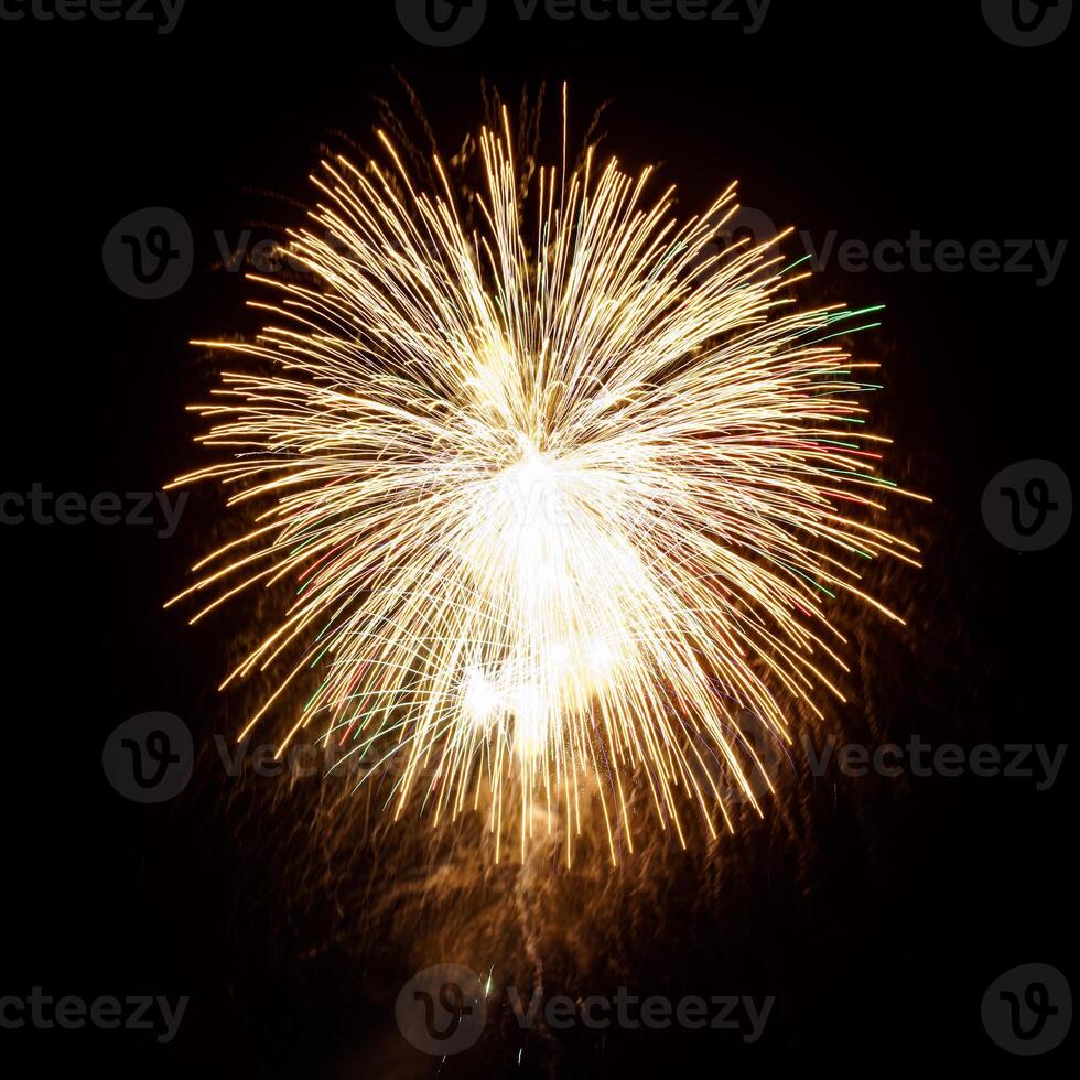 colorida celebração fogos de artifício isolado em uma Preto céu fundo. foto