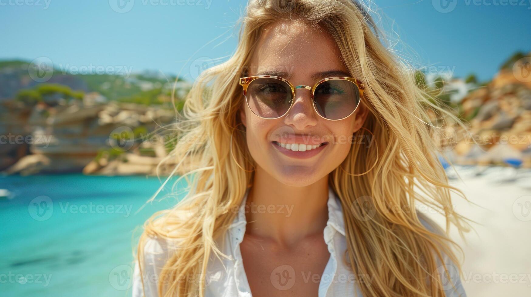 uma mulher dentro oculos de sol em pé dentro frente do a de praia foto