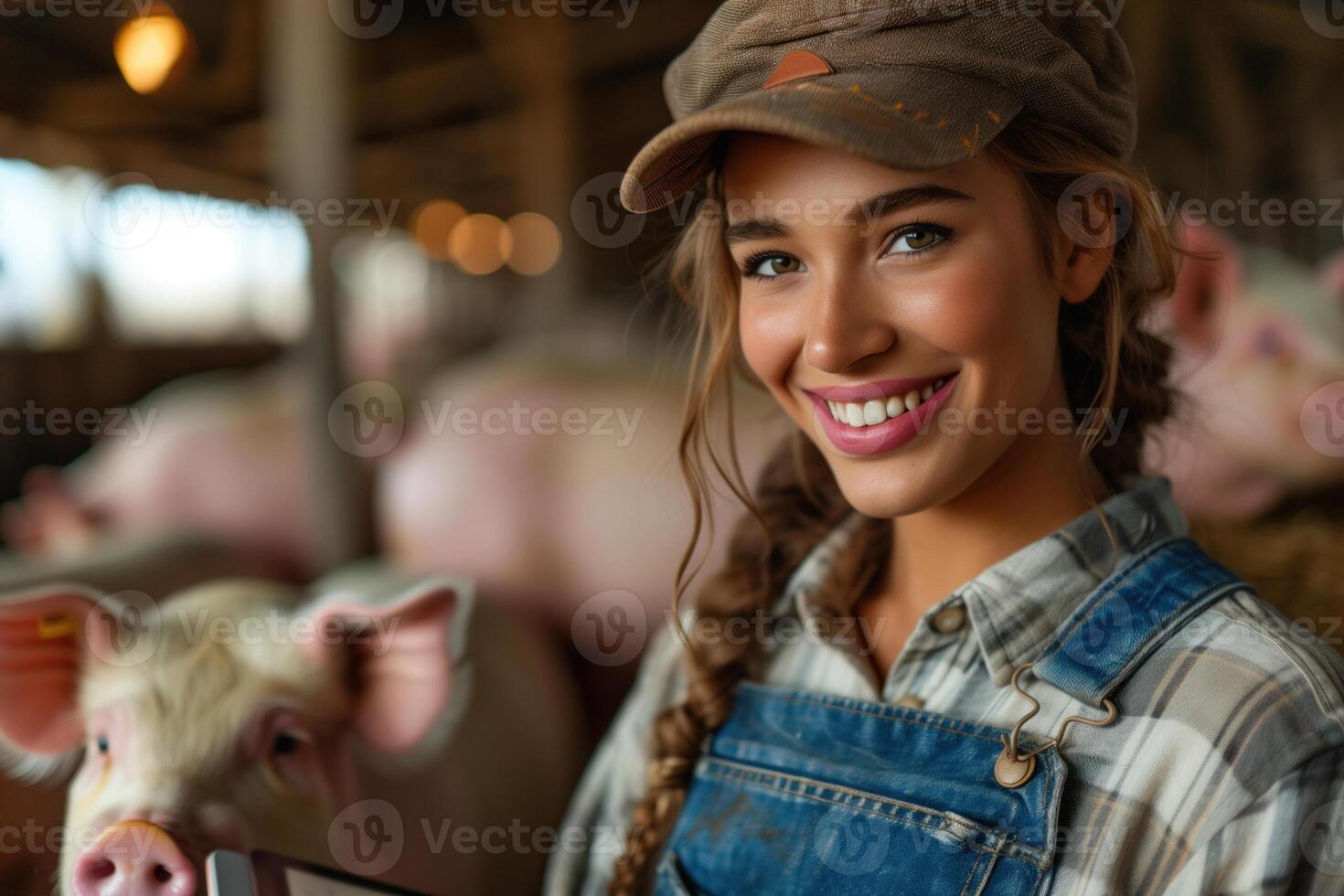 sorridente jovem fêmea agricultor com gado dentro celeiro foto